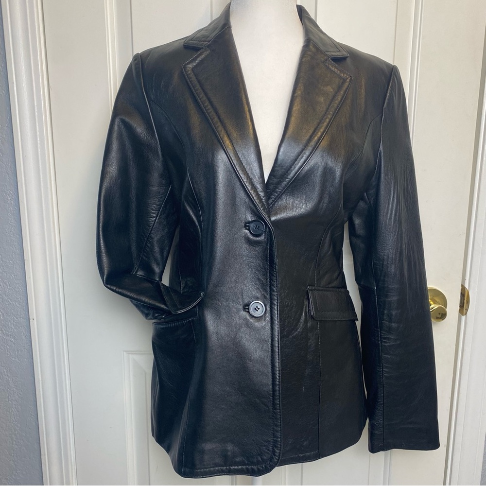 Vintage 90s Y2K black leather blazer jacket  coat JLC New York outerwear Medium